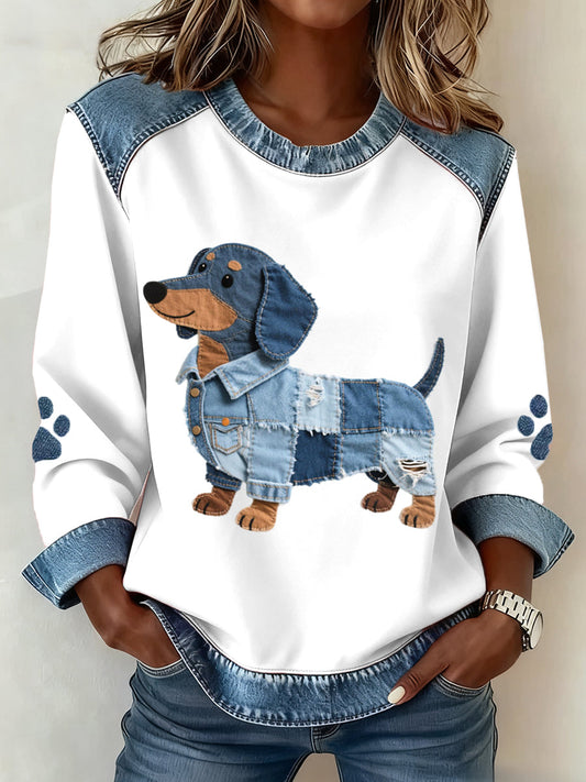 Women's sweatshirt with patchwork pattern and dachshund design