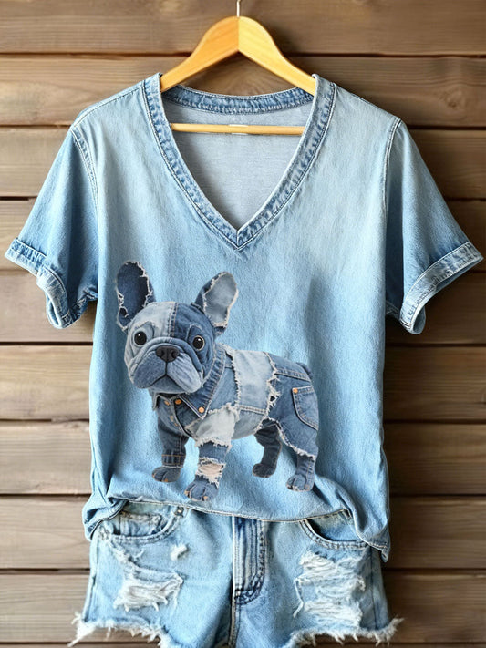 Women's V-Neck T-Shirt in French Bulldog Style